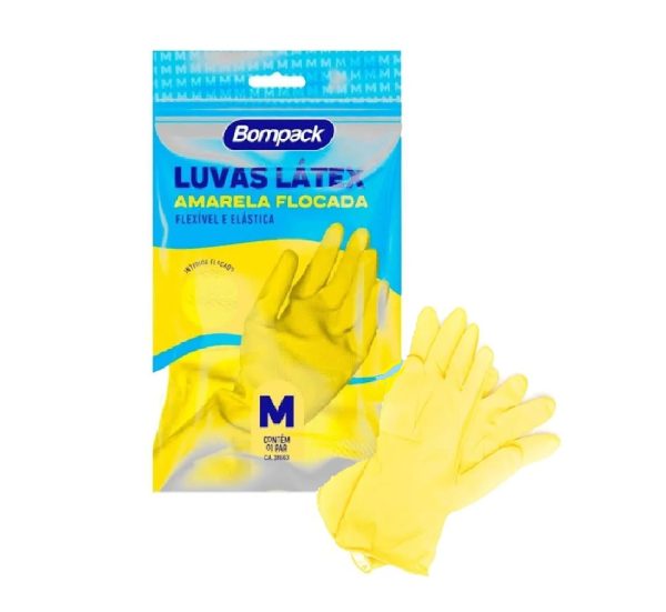 Luva Latex Amarela Flocada Bompack "M".
