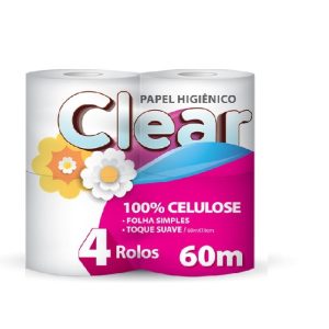 Papel Higiênico Clear 100% Celu. 60m C/ 4 RL