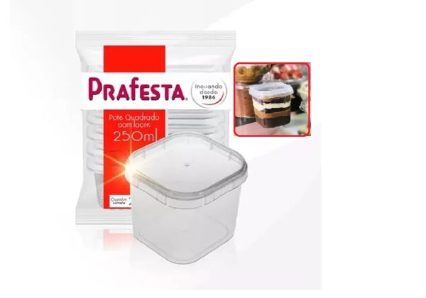 Pote com Tampa Prafesta Quadrado com Lacre 250ml C/ 10