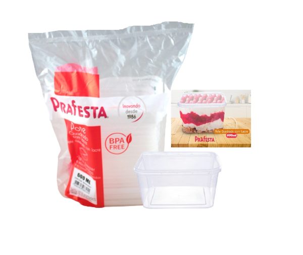 Pote e Tampa Prafesta Quadrado com Lacre  600ml C/ 10
