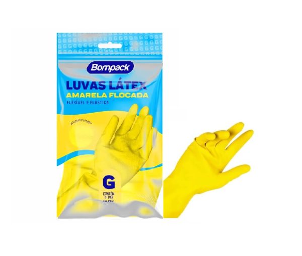 Luva Latex Amarela Flocada Bompack "G".