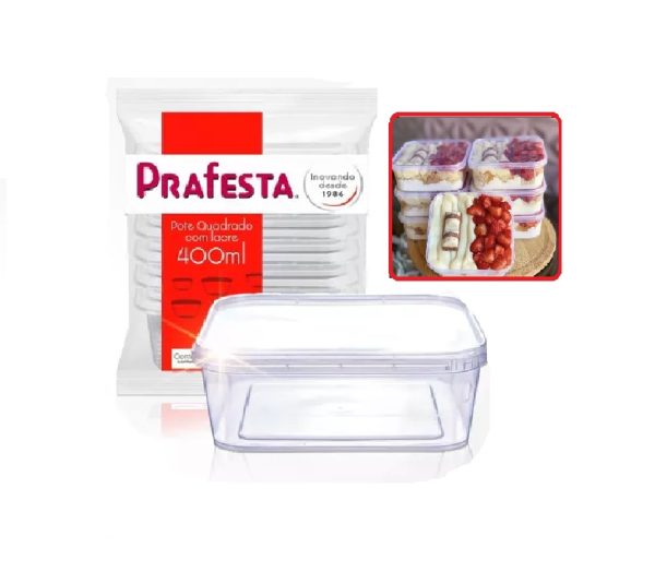 Pote e Tampa Prafesta Quadrado com Lacre 400ml C/ 10