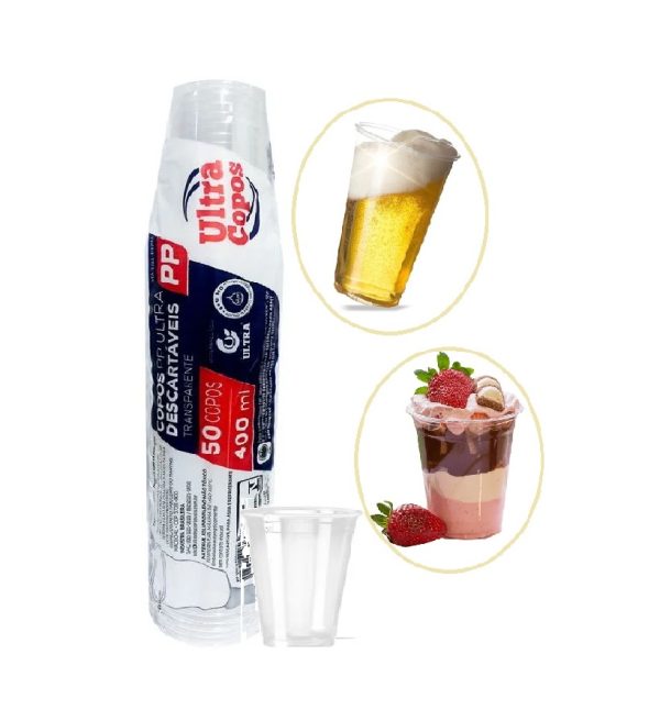 Copo Plast. Ultraplast PP Liso 400ml Transp. C/ 50.