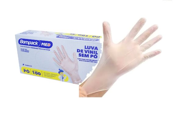 Luva de Vinil "M" Sem Pó Bompack C/100 unid